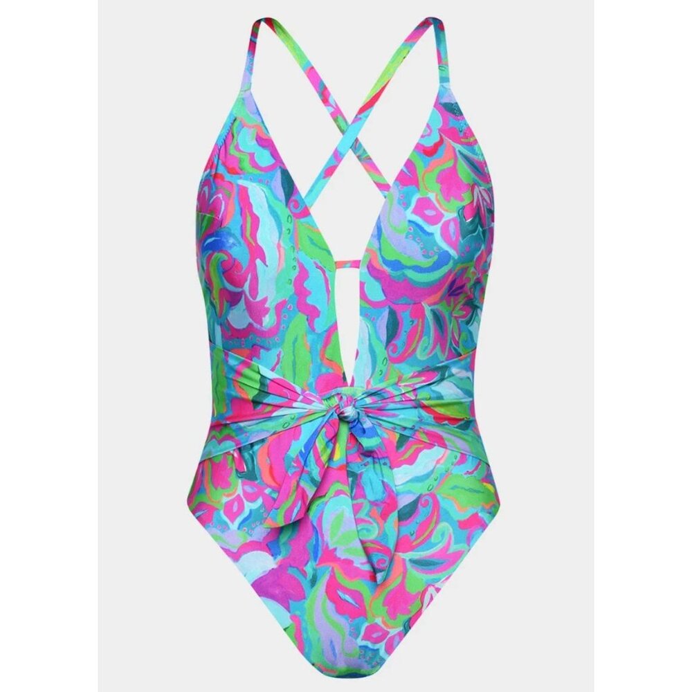 Sunshine 79 Women's Swirltopia V Plunge One-Piece Tie-Front Swimsuit Size 12 NWT